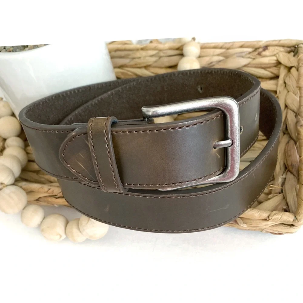Men’s Brown Leather Belt Silver Buckle 38